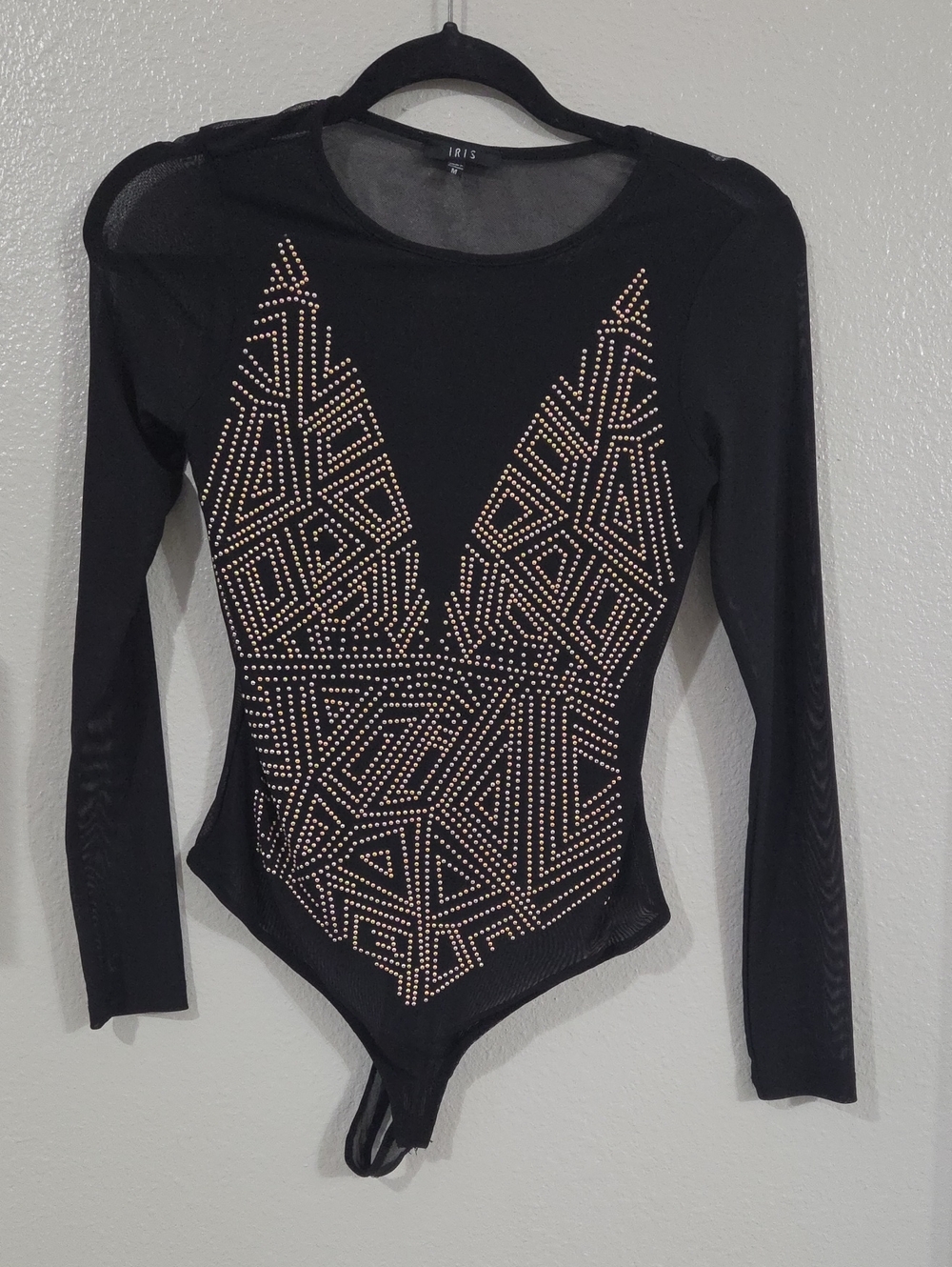 iris Black Long-Sleeve Studded Bodysuit with Gold Geometric Accents